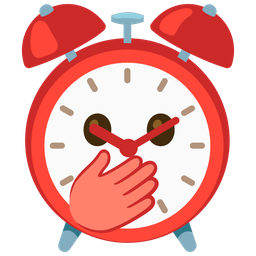 alarm clock and face with open eyes and hand over mouth