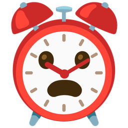 alarm clock and frowning face with open mouth