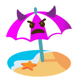 angry face with horns and beach with umbrella