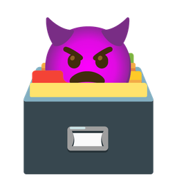 angry face with horns and card file box