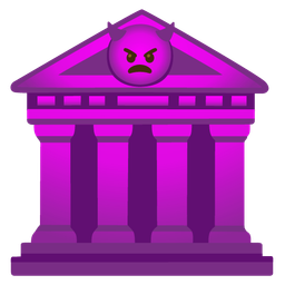 angry face with horns and classical building