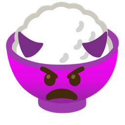 angry face with horns and cooked rice