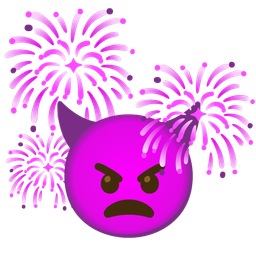 angry face with horns and fireworks