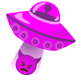 angry face with horns and flying saucer