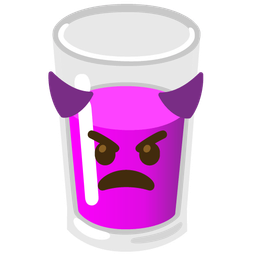 angry face with horns and glass of milk