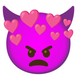 angry face with horns and heart with arrow