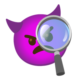 angry face with horns and magnifying glass tilted right