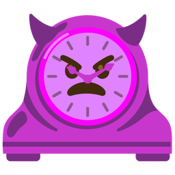 angry face with horns and mantelpiece clock