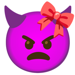 angry face with horns and ribbon