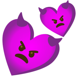 angry face with horns and two hearts