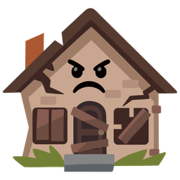 angry face and derelict house