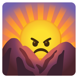 angry face and sunrise over mountains