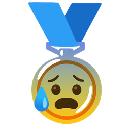 Anxious face with sweat and 1st place medal