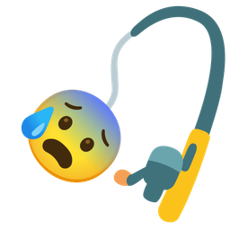 Anxious face with sweat and Fishing pole