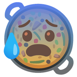 Anxious face with sweat and Shallow pan of food