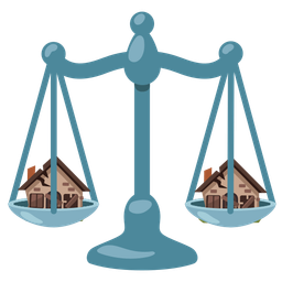 balance scale and derelict house