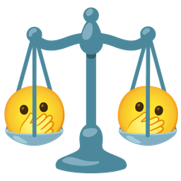 balance scale and face with open eyes and hand over mouth
