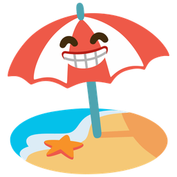 Beach with umbrella and Beaming face with smiling eyes