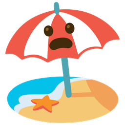 Beach with umbrella and Frowning face with open mouth