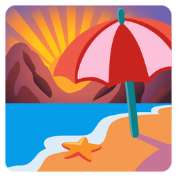 Beach with umbrella and Sunrise over mountains