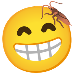 beaming face with smiling eyes and cockroach