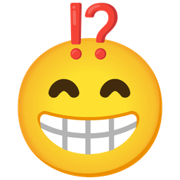 beaming face with smiling eyes and exclamation question mark