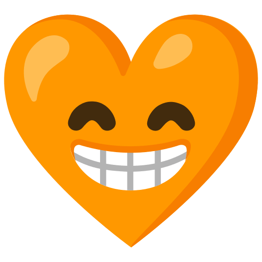 Beaming face with smiling eyes and Orange heart