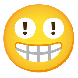 beaming face with smiling eyes and red exclamation mark