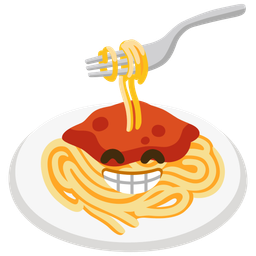beaming face with smiling eyes and spaghetti