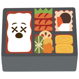 Bento box and Face with crossed-out eyes