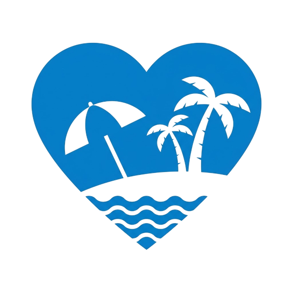 Blue heart and Beach with umbrella
