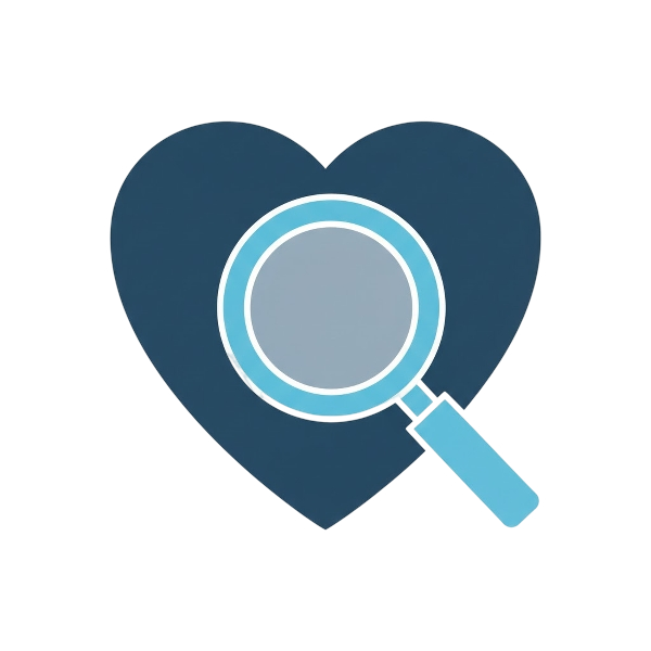 Blue heart and Magnifying glass tilted right