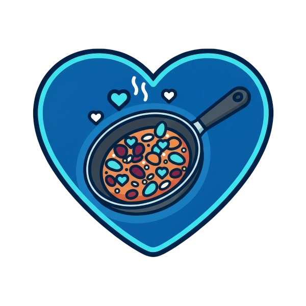 Blue heart and Shallow pan of food