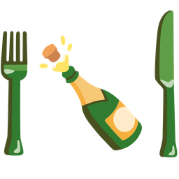 Bottle with popping cork and Fork and knife with plate
