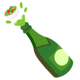Bottle with popping cork and Green salad