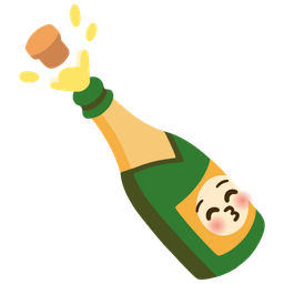 Bottle with popping cork and Kissing face with closed eyes