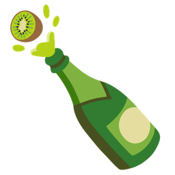 Bottle with popping cork and Kiwi fruit