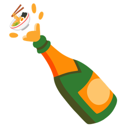 Bottle with popping cork and Steaming bowl