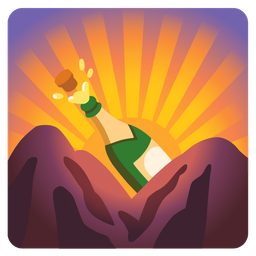 Bottle with popping cork and Sunrise over mountains