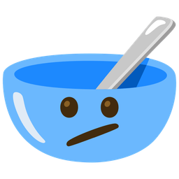 bowl with spoon and face with diagonal mouth