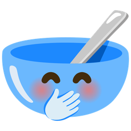 bowl with spoon and face with hand over mouth