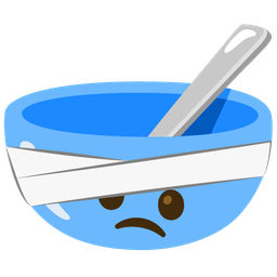 bowl with spoon and face with head-bandage