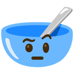 bowl with spoon and face with raised eyebrow