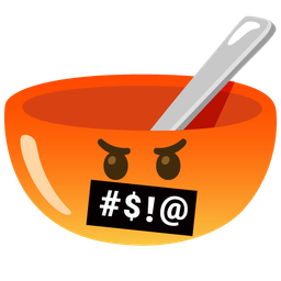 bowl with spoon and face with symbols on mouth