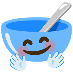 bowl with spoon and smiling face with open hands