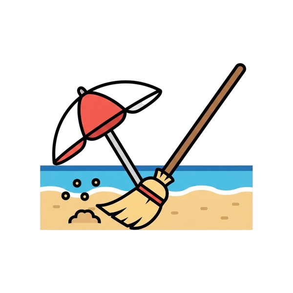 Broom and Beach with umbrella