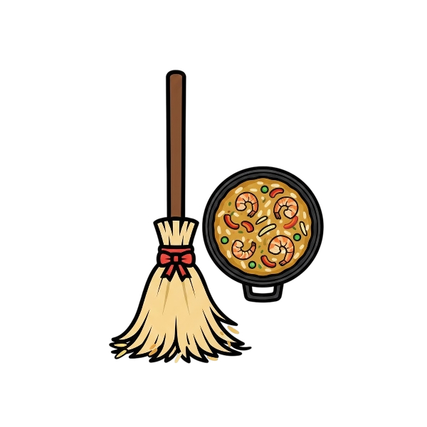 Broom and Shallow pan of food