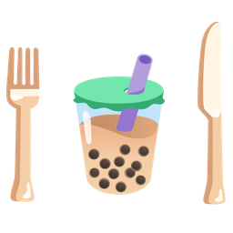 Bubble tea and Fork and knife with plate
