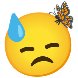 butterfly and downcast face with sweat