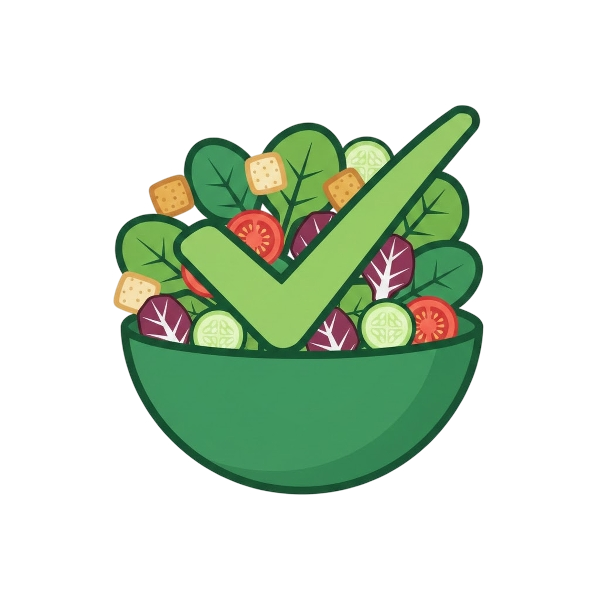 Check mark button and Green salad